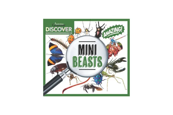 Australian Geographic Discover Minibeasts book cover featuring a magnifying glass highlighting diverse insects and invertebrates with the text “Amazing!” to engage young readers.